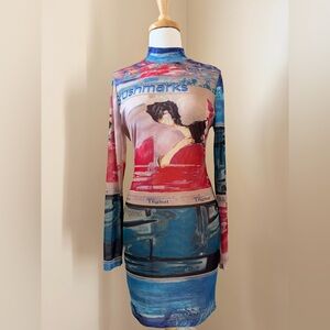 Graphic Mesh long sleeve dress. Size L